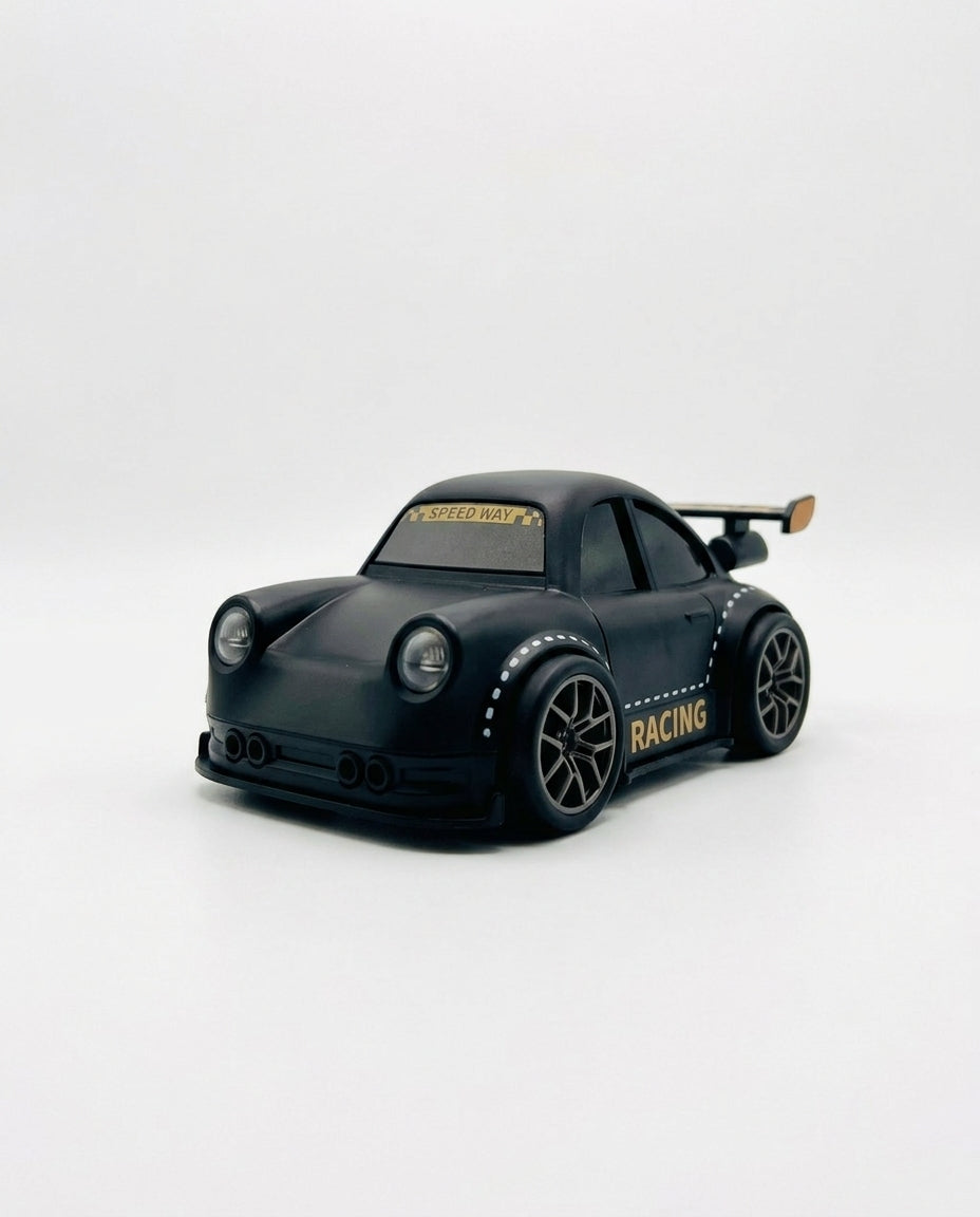 Black mini RC racing car close up