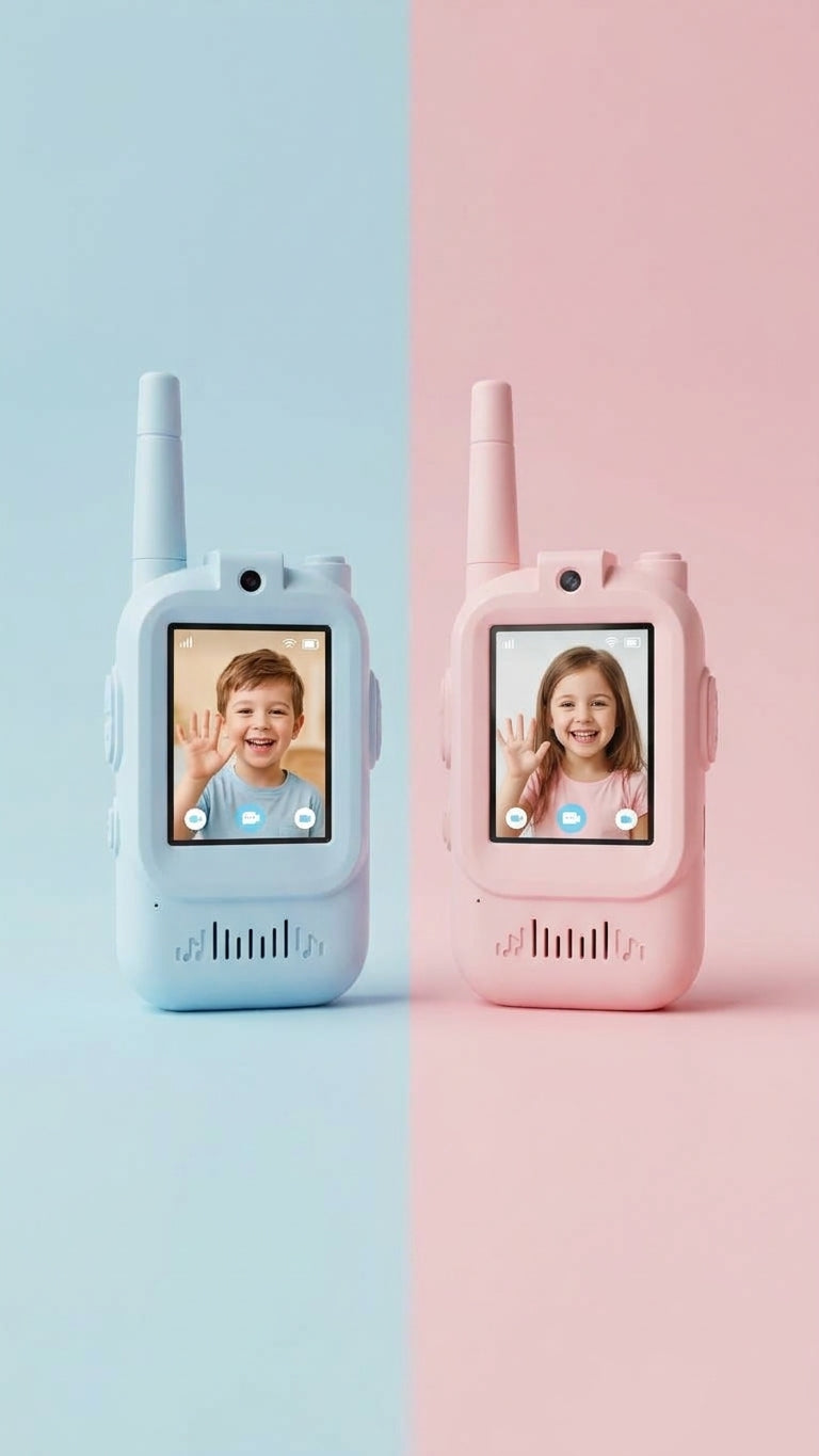 Blue and pink kids walkie talkie handsets side by side