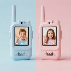Blue and pink kids walkie talkie handsets side by side