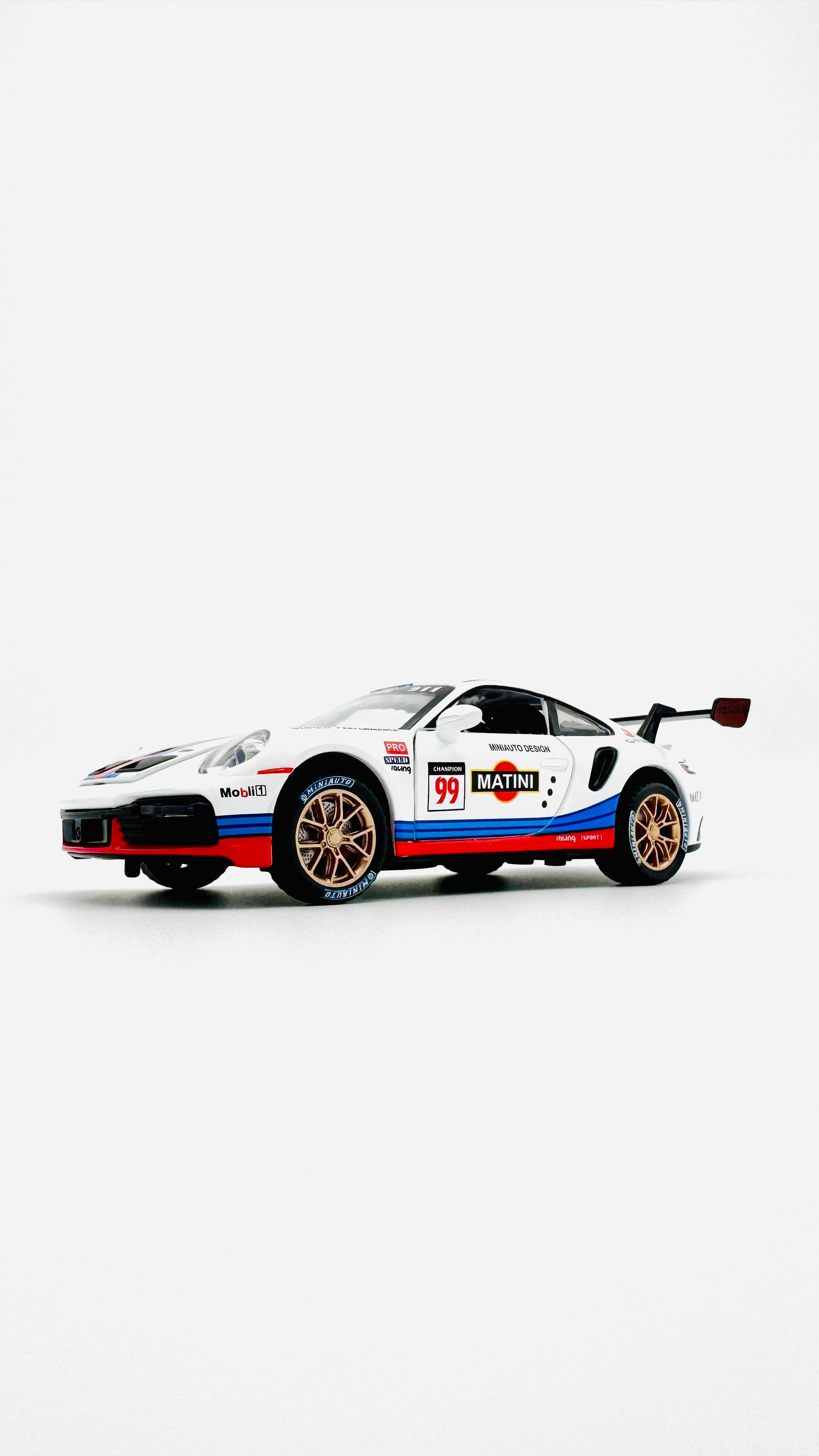 1:32 die-cast white racing car, side profile