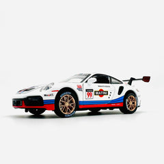 1:32 die-cast white racing car, side profile