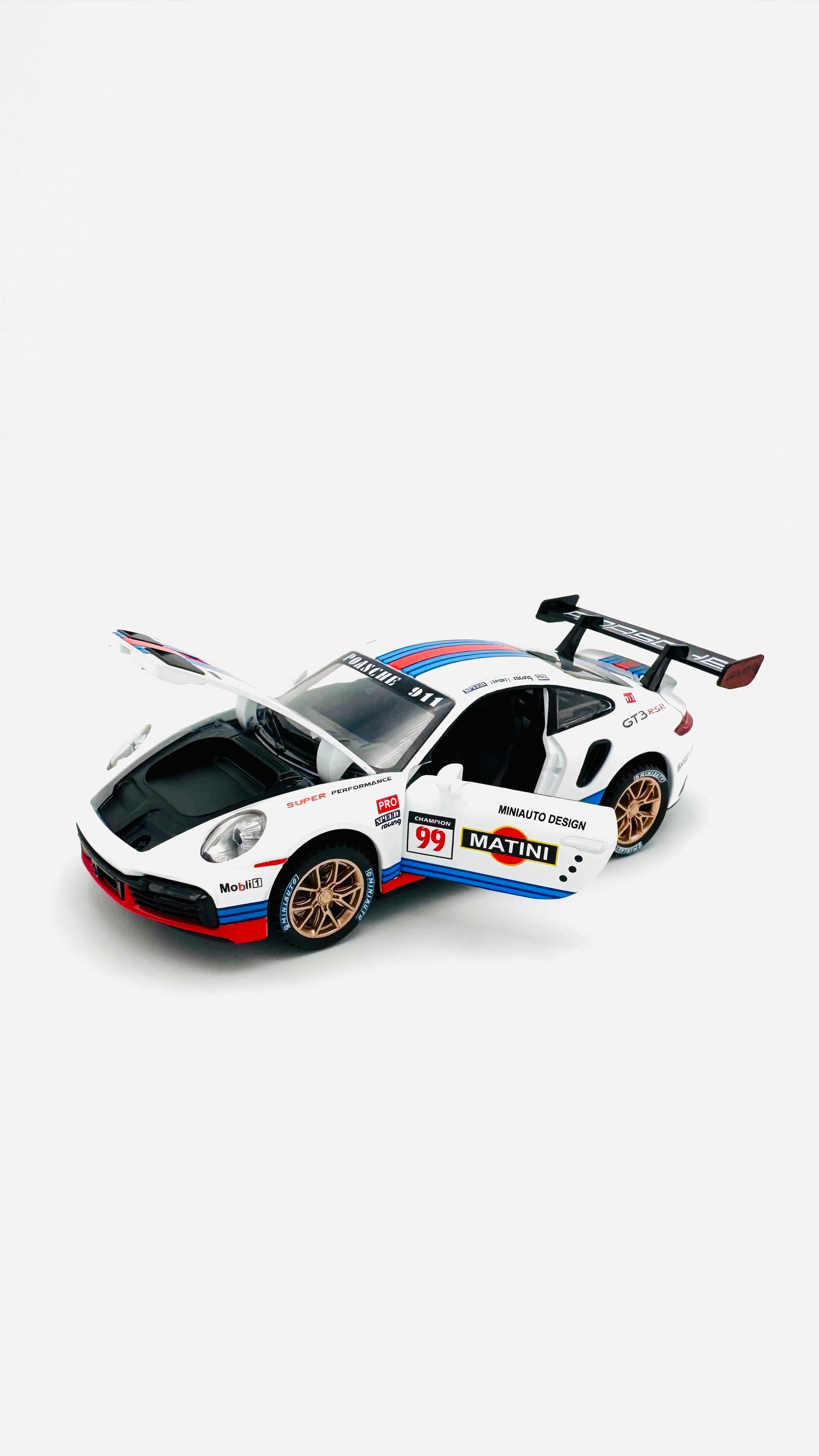 White racing car with bonnet and doors open