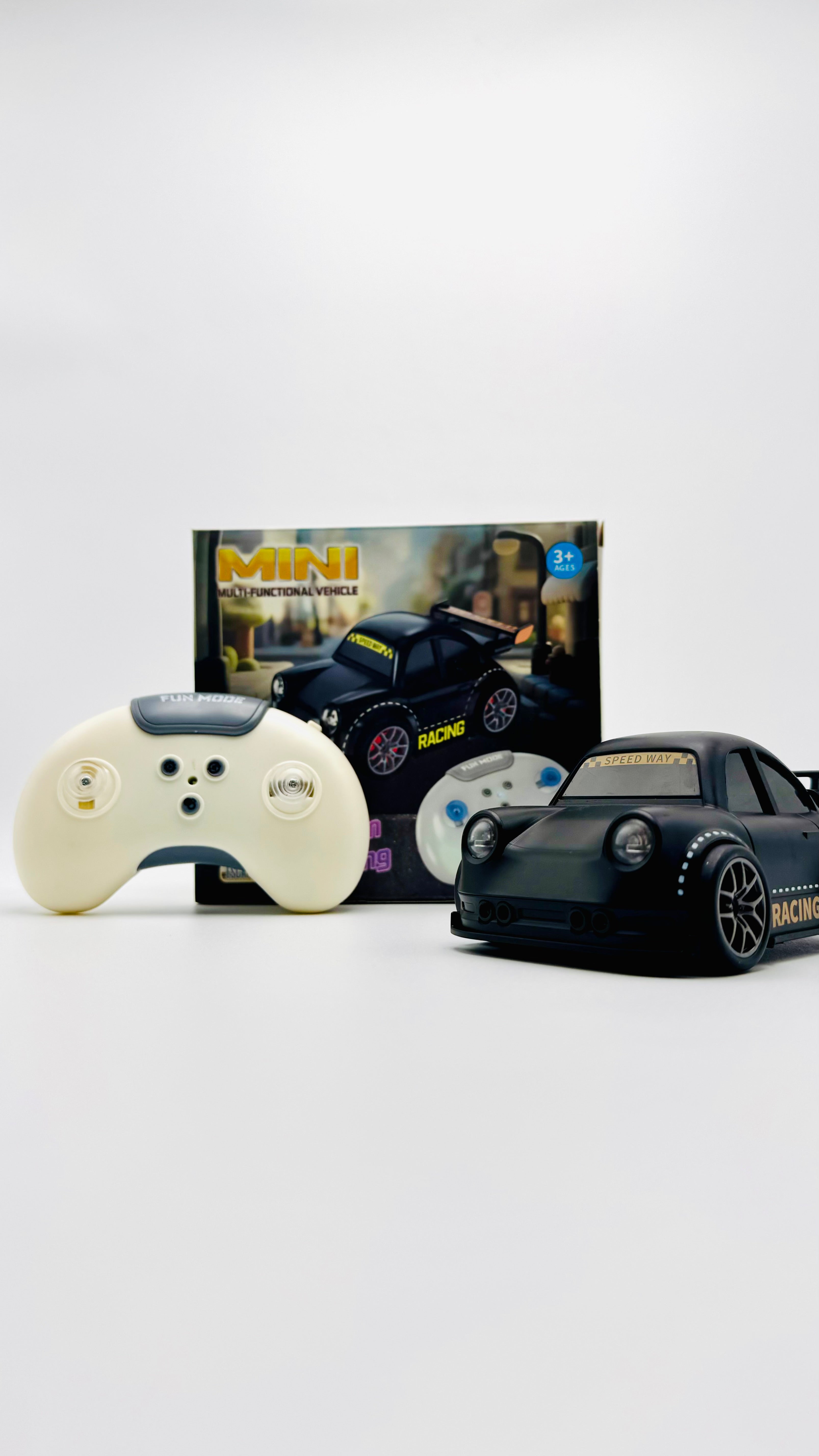 Black mini RC drift car with controller and box