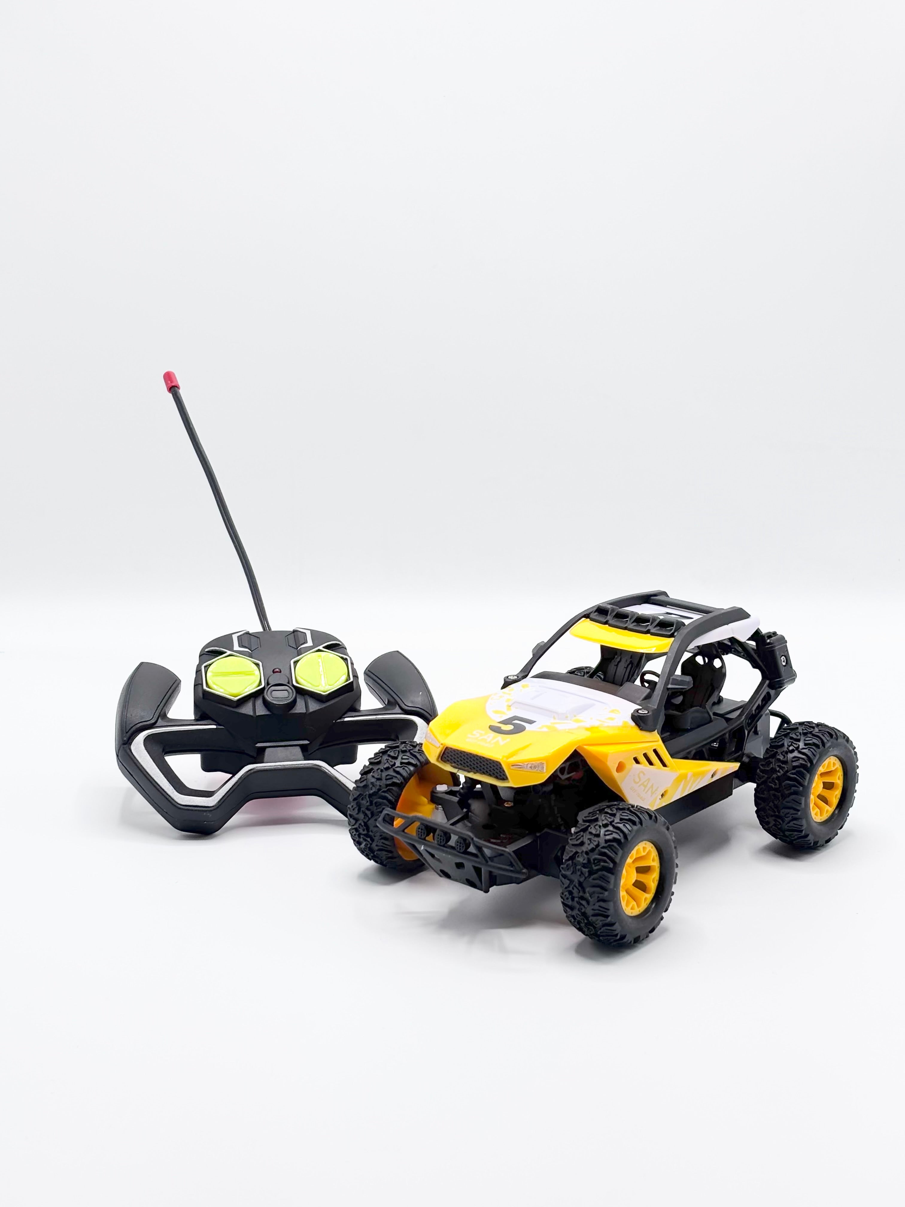 Yellow RC buggy side view
