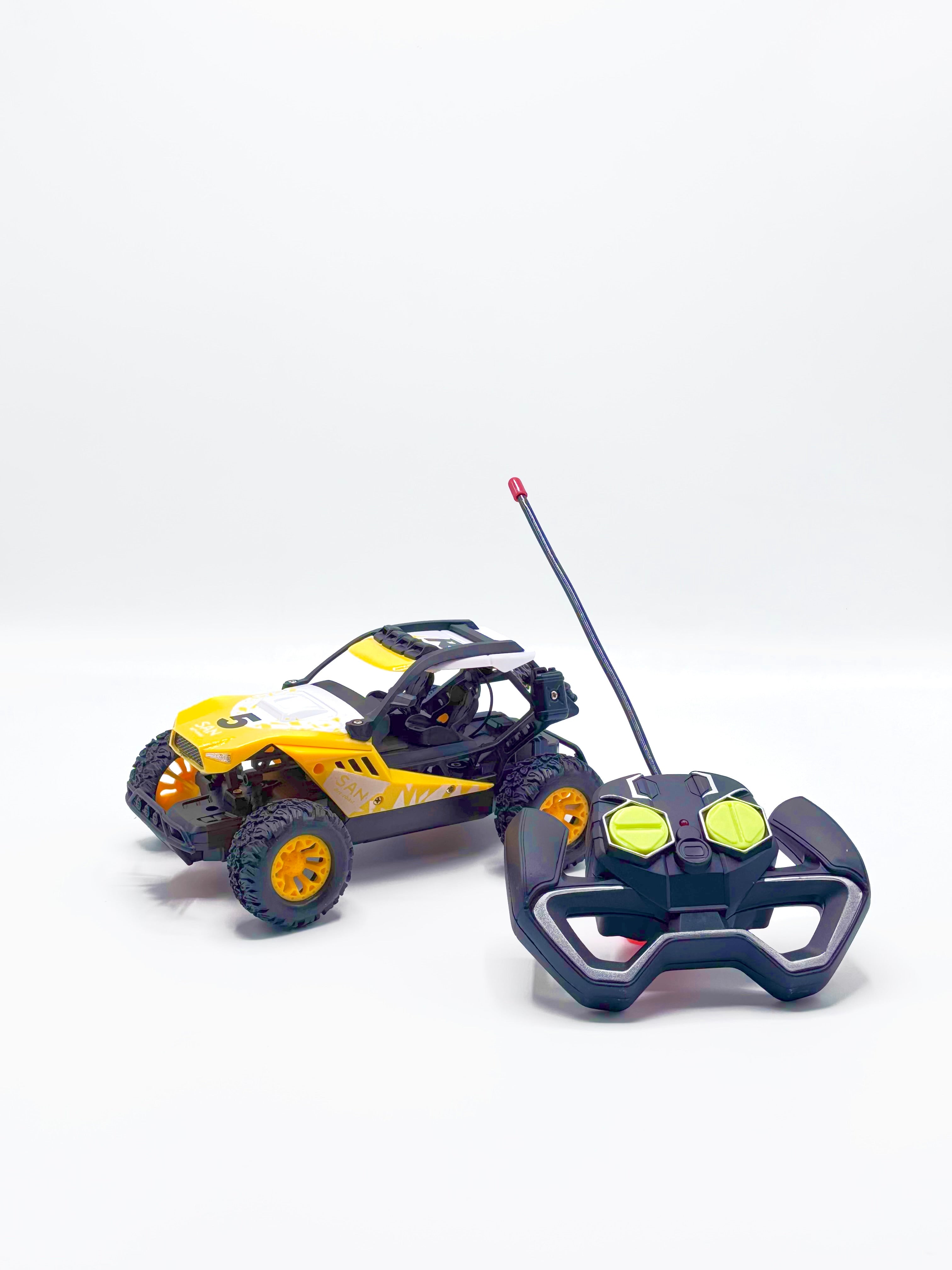 Yellow RC buggy with antenna handset