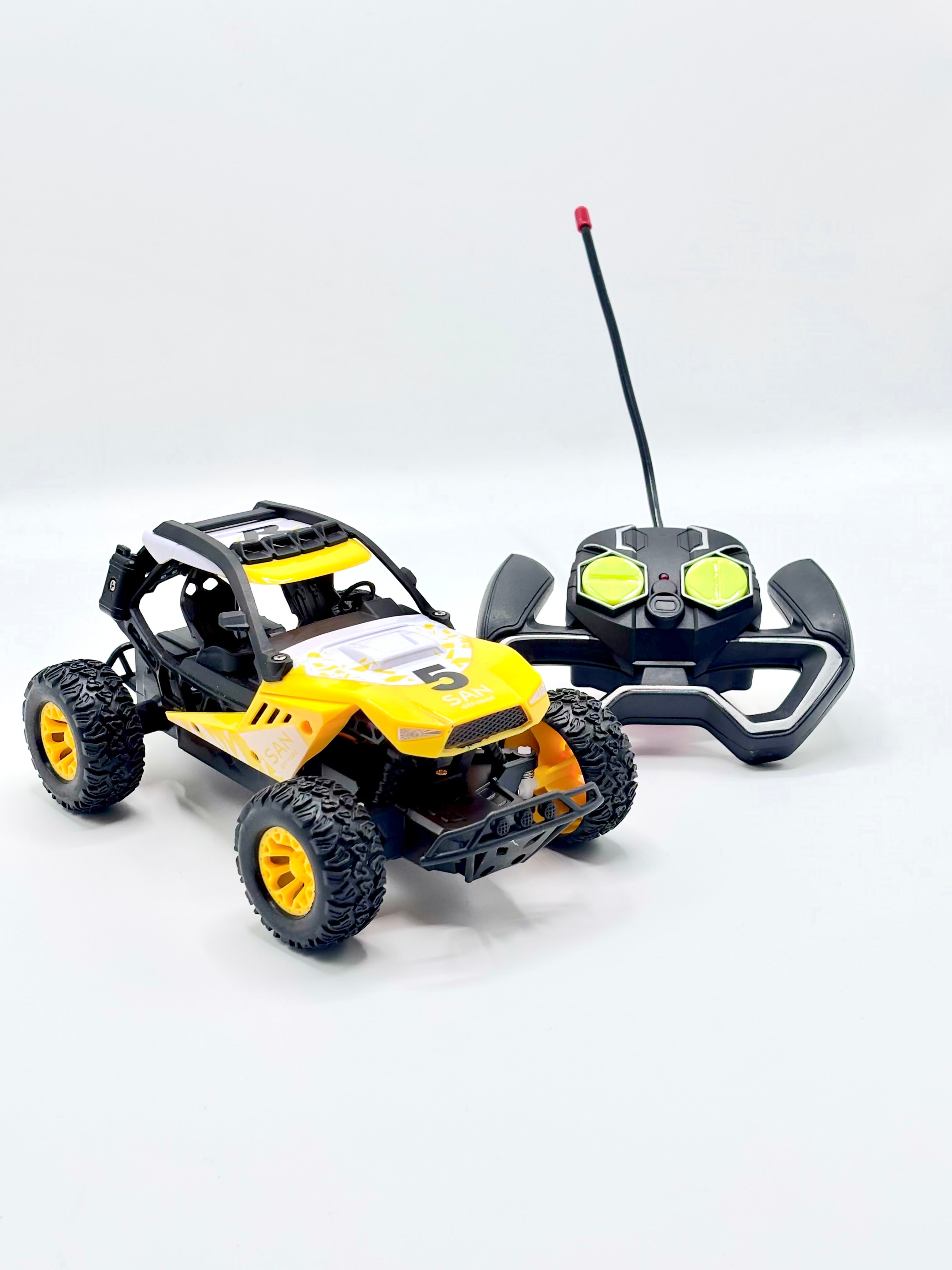 Yellow RC buggy front three-quarter view