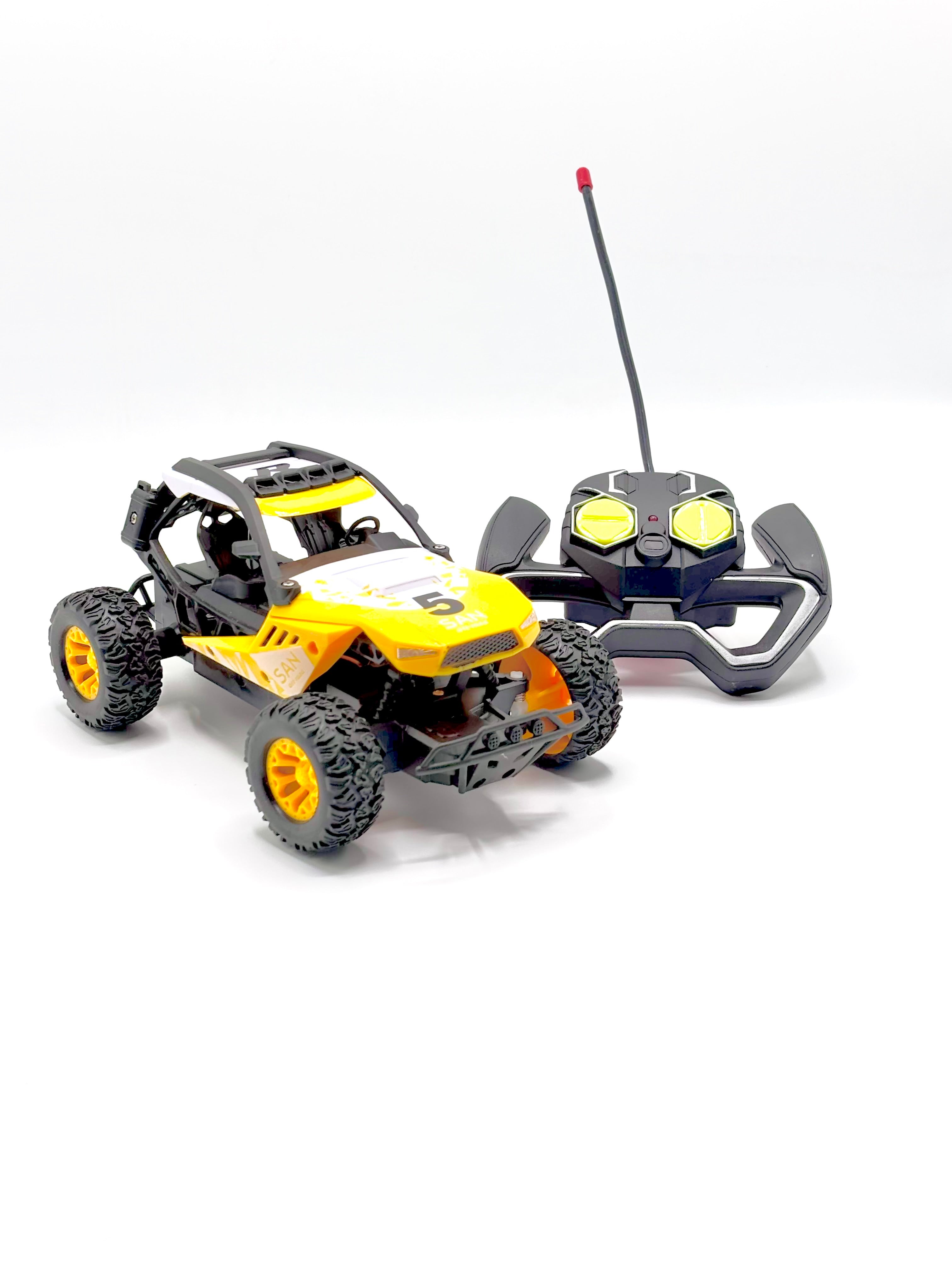 Yellow RC buggy with roll cage and controller