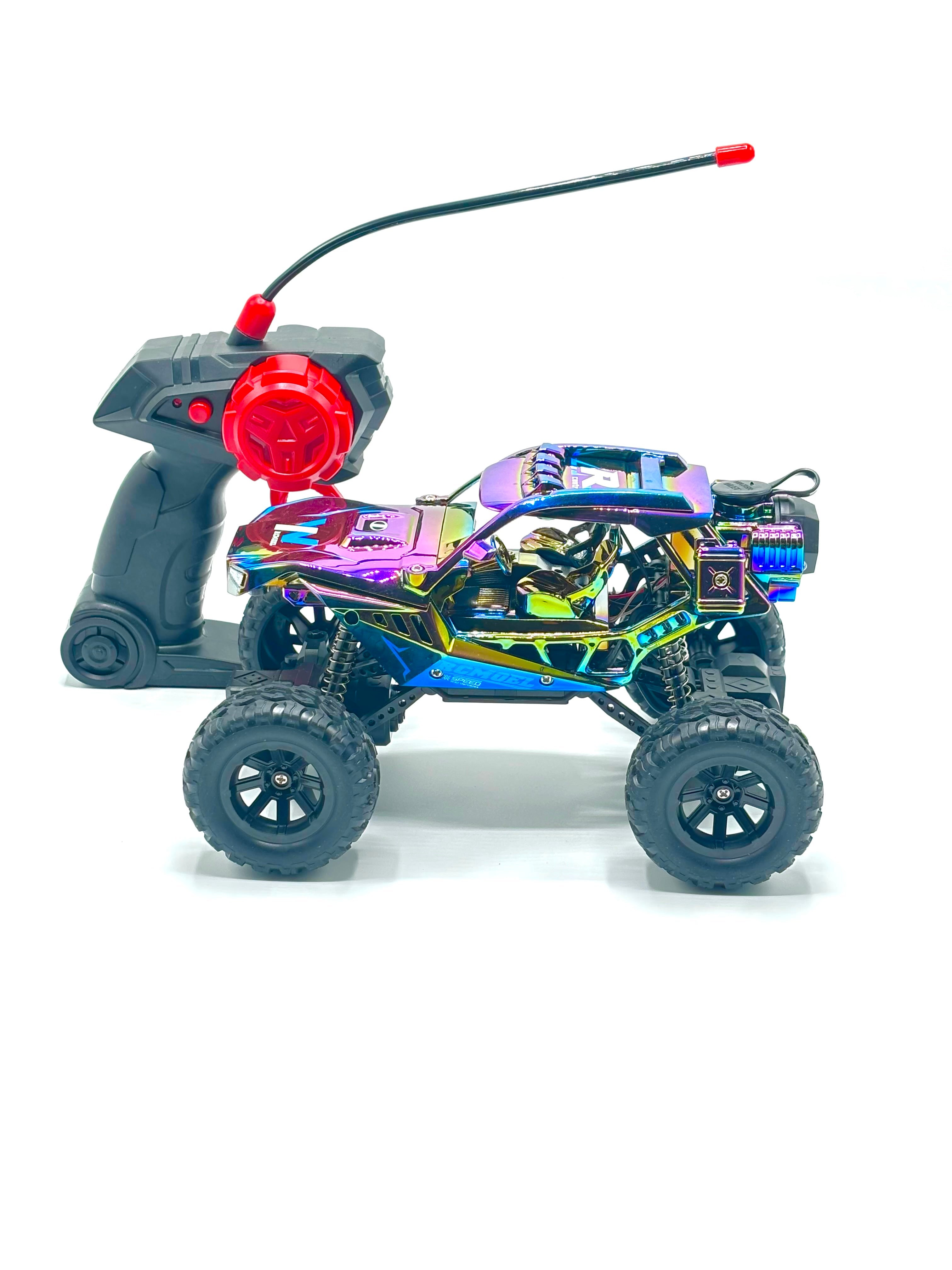 Chrome RC crawler side view showing shock absorbers