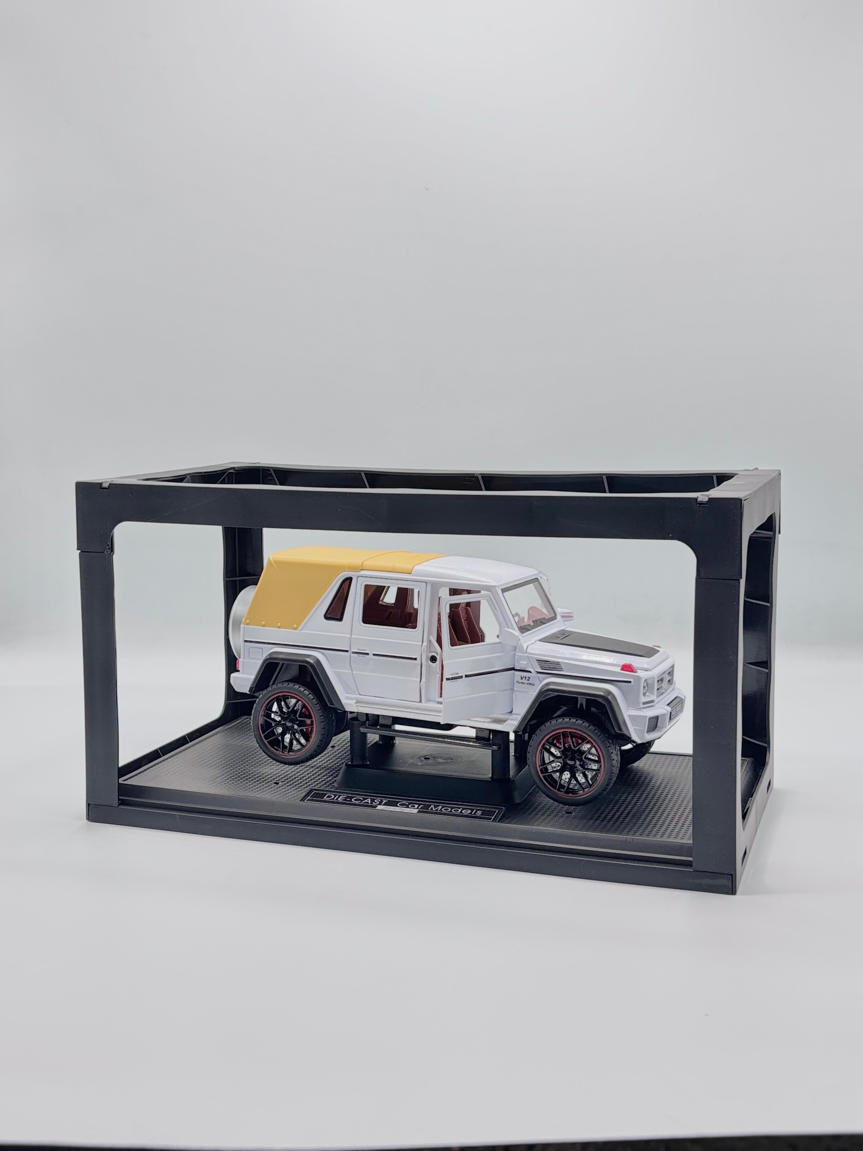 Die-cast SUV side view in display case