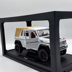 Die-cast SUV in display case, three-quarter view