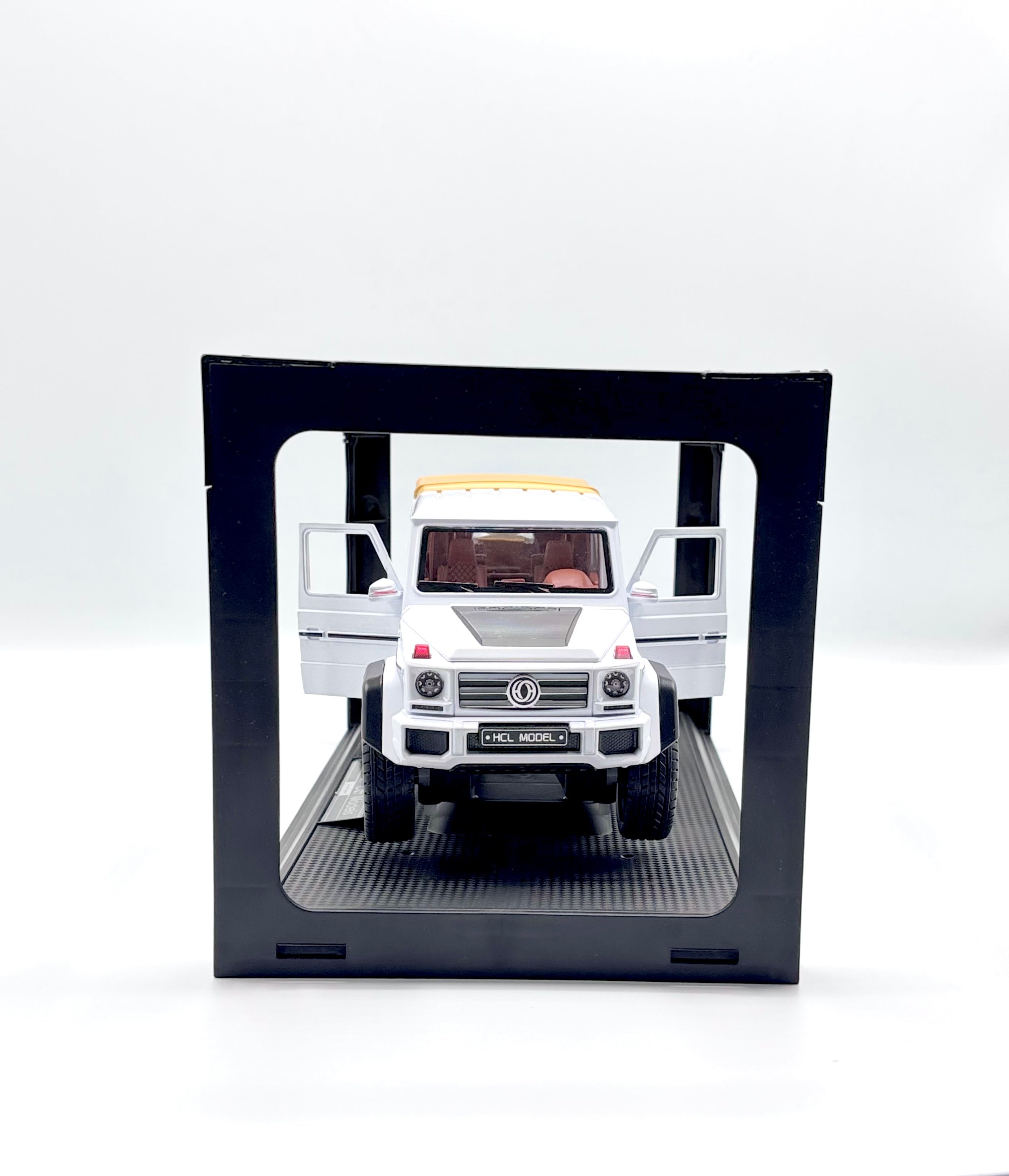 Die-cast SUV front view in display case